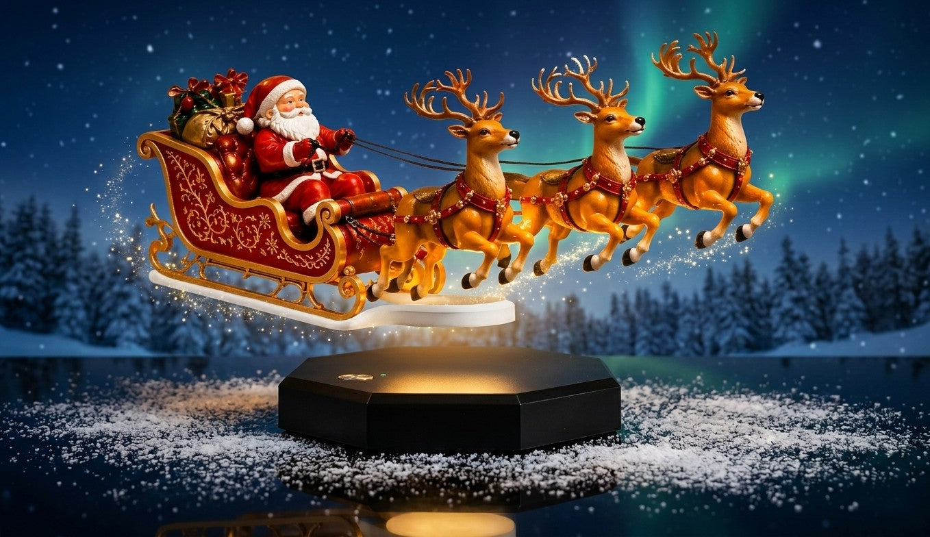 Trineo de Papa Noel flotante sobre su base magnetica, con la aurora boreal de fondo